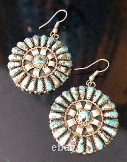 Vtg. Zuni Sterling Silver Turquoise Cluster Earrings Leander Nezzie Signed LN