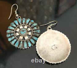 Vtg. Zuni Sterling Silver Turquoise Cluster Earrings Leander Nezzie Signed LN