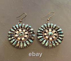 Vtg. Zuni Sterling Silver Turquoise Cluster Earrings Leander Nezzie Signed LN