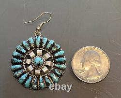 Vtg. Zuni Sterling Silver Turquoise Cluster Earrings Leander Nezzie Signed LN