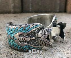 Vtg Zuni Turquoise Flush Inlay Sterling Silver Thunderbird Watch Cuff Bracelet
