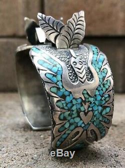 Vtg Zuni Turquoise Flush Inlay Sterling Silver Thunderbird Watch Cuff Bracelet