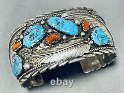 Wide Mens Vintage Navajo Turquoise Coral Leaf Sterling Silver Bracelet