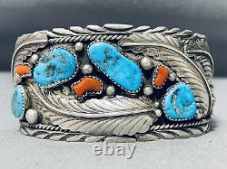 Wide Mens Vintage Navajo Turquoise Coral Leaf Sterling Silver Bracelet