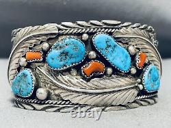 Wide Mens Vintage Navajo Turquoise Coral Leaf Sterling Silver Bracelet