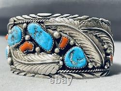 Wide Mens Vintage Navajo Turquoise Coral Leaf Sterling Silver Bracelet