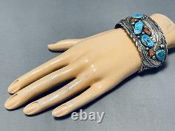 Wide Mens Vintage Navajo Turquoise Coral Leaf Sterling Silver Bracelet