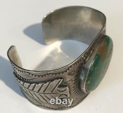 Wide Vintage 1930's Navajo Indian Silver Green Turquoise Arrowhead Cuff Bracelet