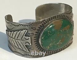 Wide Vintage 1930's Navajo Indian Silver Green Turquoise Arrowhead Cuff Bracelet