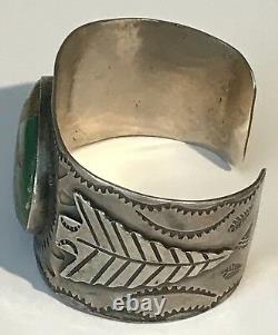 Wide Vintage 1930's Navajo Indian Silver Green Turquoise Arrowhead Cuff Bracelet