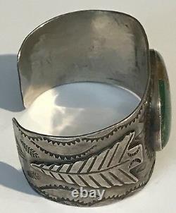 Wide Vintage 1930's Navajo Indian Silver Green Turquoise Arrowhead Cuff Bracelet