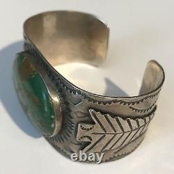 Wide Vintage 1930's Navajo Indian Silver Green Turquoise Arrowhead Cuff Bracelet