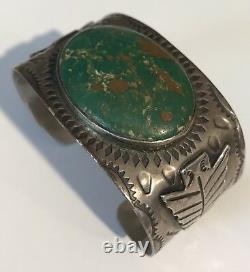 Wide Vintage 1930's Navajo Indian Silver Green Turquoise Arrowhead Cuff Bracelet