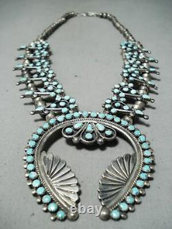 Women's Vintage Navajo Zuni Turquoise Sterling Silver Squash Blossom Necklace