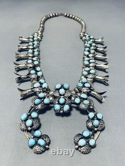 Womens Vintage Navajo Turquoise Sterling Silver Squash Blossom Necklace