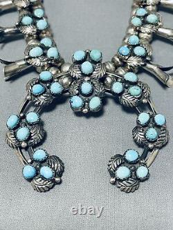 Womens Vintage Navajo Turquoise Sterling Silver Squash Blossom Necklace