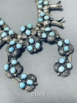 Womens Vintage Navajo Turquoise Sterling Silver Squash Blossom Necklace