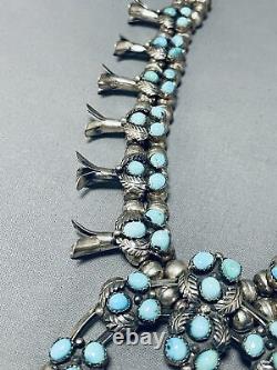 Womens Vintage Navajo Turquoise Sterling Silver Squash Blossom Necklace