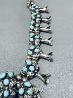 Womens Vintage Navajo Turquoise Sterling Silver Squash Blossom Necklace