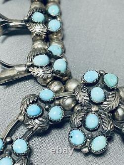 Womens Vintage Navajo Turquoise Sterling Silver Squash Blossom Necklace