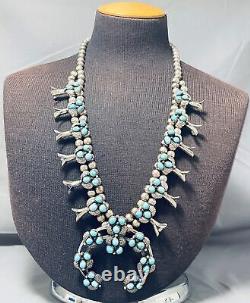Womens Vintage Navajo Turquoise Sterling Silver Squash Blossom Necklace