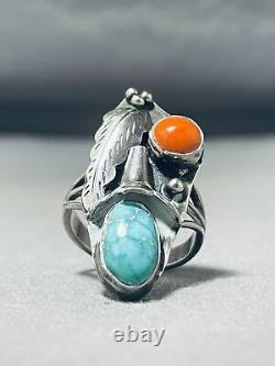 Wonderful Vintage Navajo Carico Lake Turquoise & Coral Sterling Silver Ring