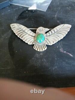 Wow Old Pawn Vintage Navajo Fred Harvey Sterling Turquoise Thunderbird Pin 2.5