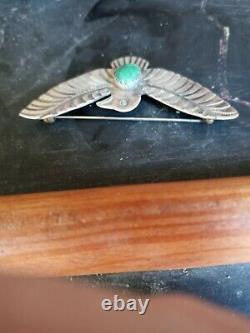 Wow Old Pawn Vintage Navajo Fred Harvey Sterling Turquoise Thunderbird Pin 2.5
