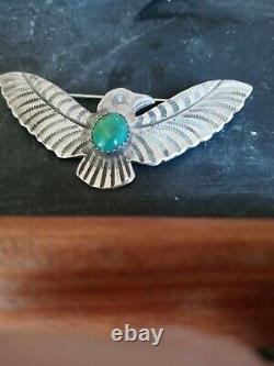 Wow Old Pawn Vintage Navajo Fred Harvey Sterling Turquoise Thunderbird Pin 2.5