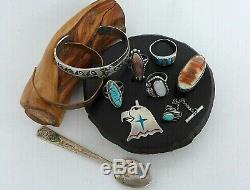 X10 Lot Vintage Native American Navajo Sterling Turquoise Pendant Ring Bracelet