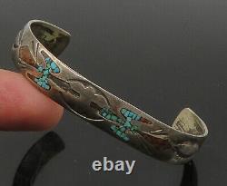 ZUNI NAVAJO 925 Silver Vintage Inlaid Turquoise & Coral Cuff Bracelet BT9005